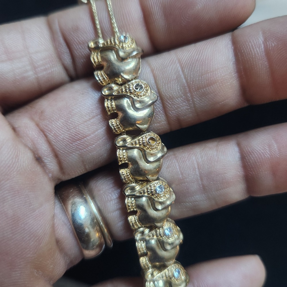 Vintage Gold Tone slider Elephant Link Bracelet with Rhinestone Eyes 7.5 Inch - Picture 9 of 10